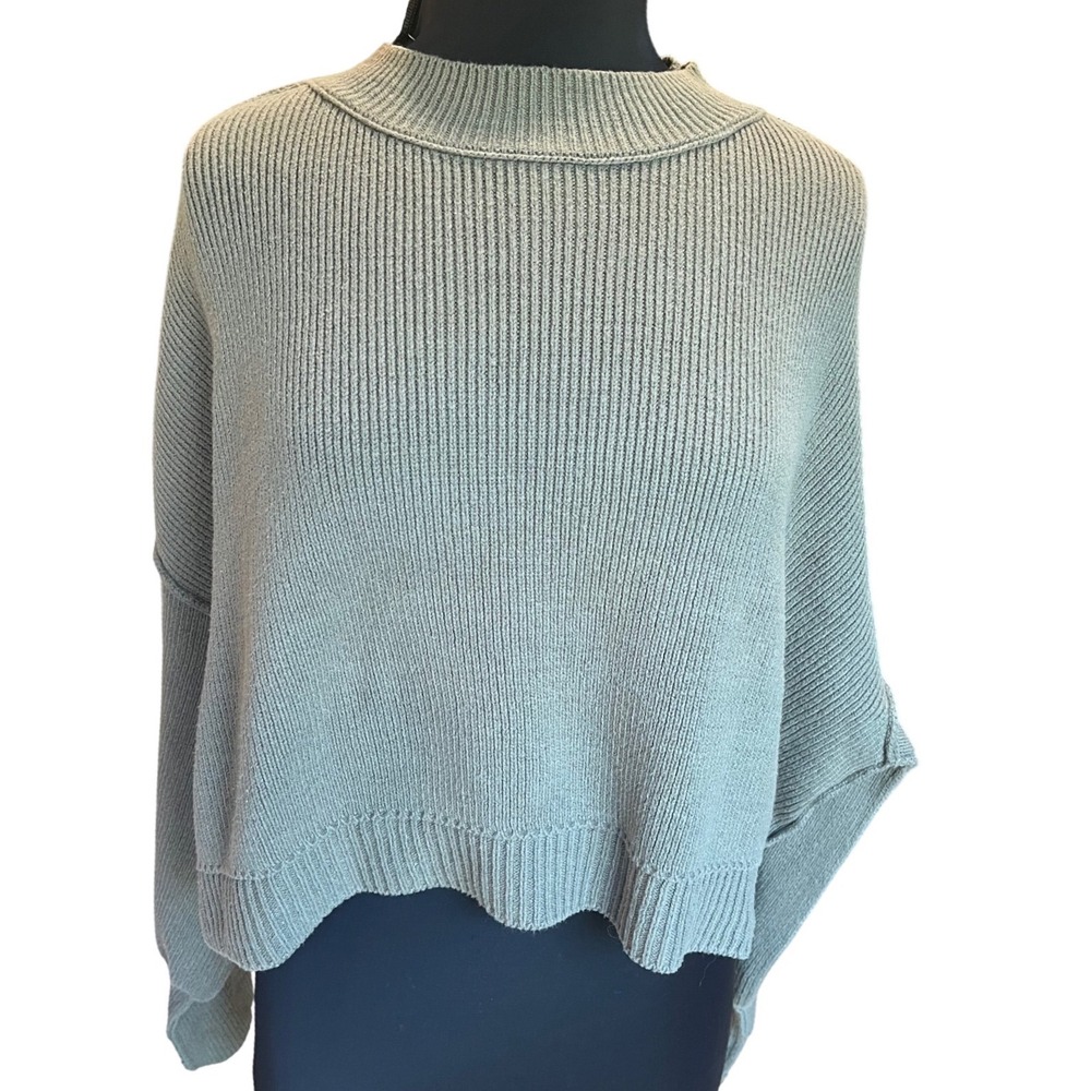 Free People Womens Sage Green Ribbed Knit Mock Neck Cropped Boxy Sweater Size M